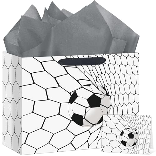 Hooqict Large Soccer Gift Bag Soccer Birthday Gift Bag with Handles, Wrapping Paper, Greeting Card for Kids Boys Teens Men Sports Themed Birthday Goodie Treat Party Favors - color: Soccer