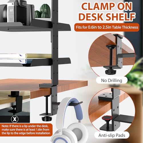 3 Tier Clamp On Desk Shelf, No Drill Desk Extension Shelving Unit with Adjustable Metal Trays & Headphone Stand Above or Under Desk Storage, Heavy Duty Desktop Storage Rack for Home Office