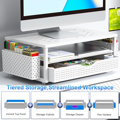 gianotter Desk Organizers and Accessories, Monitor Stand with Drawer and 2 Pen Holder, Desktop Organizer Suitable for Offices and Dormitories (White) - color: White-Ventilated