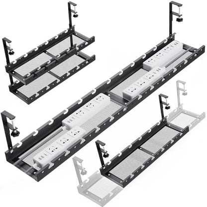 31Inch Extendable Under Desk Cable Management Tray Multi-Model Metal Cable Management Tray Under Desk Cord Management with Clamp Power Strip Cord Holder for Wire Cable Management