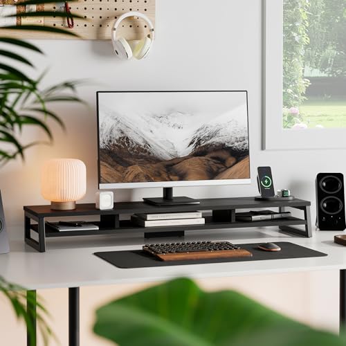 Fenge Dual Monitor Stand for Desk, 42.5in Large Monitor Riser for 2 Monitors, 2 Tier Computer Office Desk Top Shelf, Desktop Storage Stand for Laptop, PC, Computer, Printer - color: Black