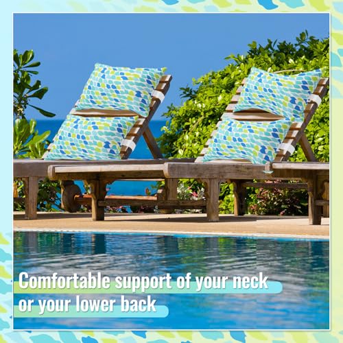 Juexica 2 Pack Chaise Lounge Pillow with Strap Outdoor Waterproof Beach Chair Neck Headrest Pillow Adjustable Elastic Band for Hammock Lumbar Recliner Pillows for Patio Pool Chair(Blue Green Pattern) - style: Blue Green Pattern