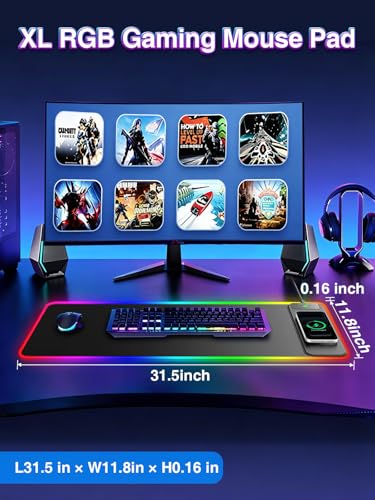 RGB Gaming Mouse Pad with 15W Magnetic Wireless Charger, 31.5'' x 11.8'' Large LED Desk Mat, 24 Lighting Effects Keyboard Pad with Non-Slip Rubber Base, Waterproof Ultra-Smooth Surface - color: RGB-31.5"x11.8"-Magnetic Charging