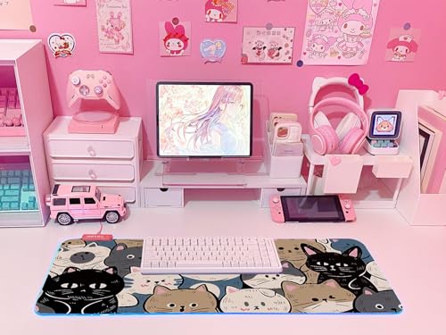 JMIYAV Pink RGB Gaming Mouse Pad 31.5x12 Inch PC XL Large Extended Glowing Led Light Up Desk Pad Non-Slip Rubber Base Computer Cute Mousepad Mat Desk Accessories Gaming Setup Cat Pile - color: Cat Pile