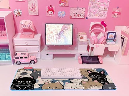 JMIYAV Pink RGB Gaming Mouse Pad 31.5x12 Inch PC XL Large Extended Glowing Led Light Up Desk Pad Non-Slip Rubber Base Computer Cute Mousepad Mat Desk Accessories Gaming Setup Cat Pile - color: Cat Pile
