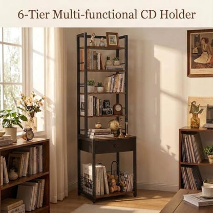 CD Storage Rack, 6-Tier DVD Organizer Shelf with Drawer & Adjustable Book Stoppers, Vinyl Record Holder &Multi-Purpose Media Organizer, Ideal for Living Room/Home Office,15.7x11.8x64.3Inch