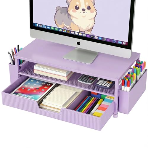 ECOLOVI Desk Organizer and Accessories, 2-Tier Computer Monitor Stand Rise with Storage Drawer & 2 Pen Holders, Laptop & Printer Stand for Desktop, Workspace Organizers for Office Supplies (Purple) - color: Purple