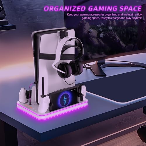 PS5 Pro / PS5 / Slim/Stand and Cooling Station with LED Controller Charging Station for PlayStation 5 Slim Disc/Pro Digital Edition Console with 3 Level Cooling Fan, WhiteLighting - color: White