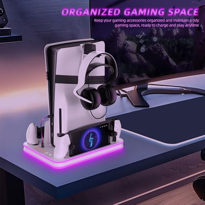 PS5 Pro / PS5 / Slim/Stand and Cooling Station with LED Controller Charging Station for PlayStation 5 Slim Disc/Pro Digital Edition Console with 3 Level Cooling Fan, WhiteLighting - color: White