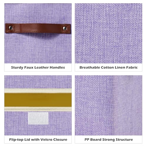 Storage Boxes with Lid Cotton Linen Fabric Storage Bins Organizer Container Decorative Collapsible Washable Shelf Baskets Faux Leather Handles for Home Bedroom Closet (Purple, Small) - color: Purple, size: Small (Set of 1)