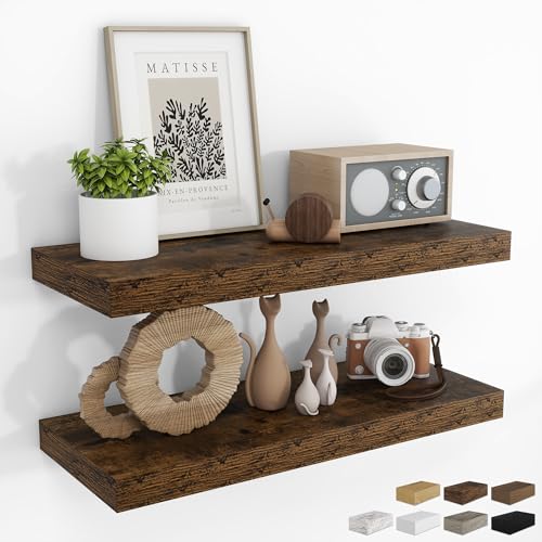 RICHFOCUS 28Inch Floating Shelves for Wall 2 Pack Shelves for Bedroom|Kitchen|Bathroom|Laundry Room Rustic Wood Wall Mounted Shelf with Invisible Brackets for Books|Storage|Decor, Rustic Brown - color: Rustic Brown, size: 28"L x 8"D, Set of 2