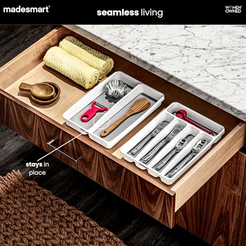 madesmart Small Utensil Tray, Multi Purpose Storage Organizer, Deep Storage for Ladles, Whisks & Serving Tools, Non Slip Lining, for Drawers & Home Organization, White - color: White