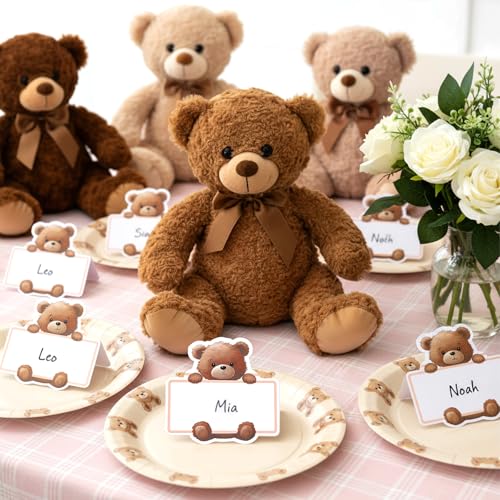 50 Pcs Bear Baby Shower Place Cards for Table Setting, Self-Adhesive Jungle Animals Name Tag Labels Stickers for Coquette Birthday Party Table Setting Supplies
