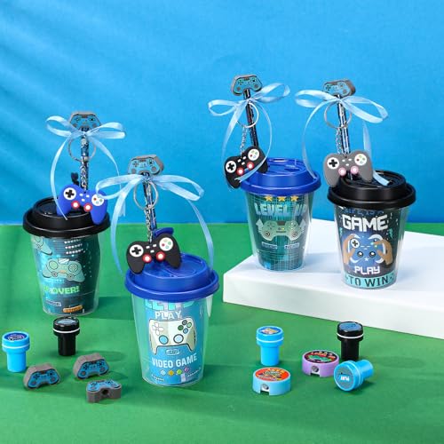 Watersay 110 Pcs Video Game Party Favors Set Includes Drink Cup with Lid Game Card Pencil Sharpener Eraser Stickers Slap Bracelet Keychain Stamp Sticker Ribbon for Gamer Birthday Level Party