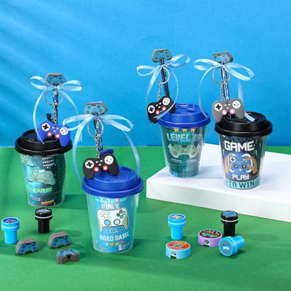 Watersay 110 Pcs Video Game Party Favors Set Includes Drink Cup with Lid Game Card Pencil Sharpener Eraser Stickers Slap Bracelet Keychain Stamp Sticker Ribbon for Gamer Birthday Level Party