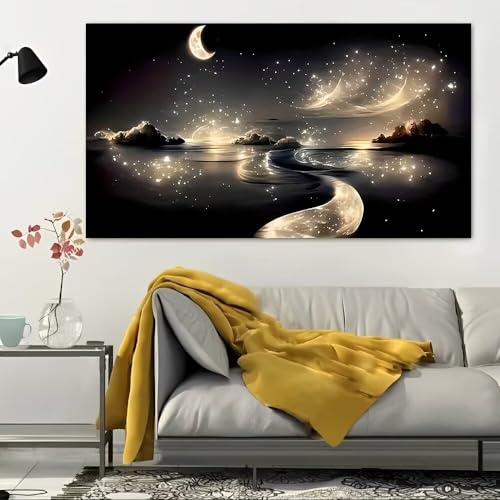 Crescent Moon Over Glowing Waters Vintage Rustic Canvas Wall Art - 12x24in Unframed Poster- Home & Office Decor for Living Room, Bedroom, Kitchen & Cafe - color: Crescent Moon