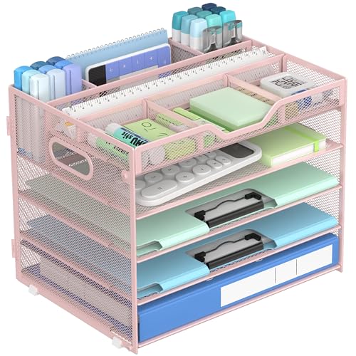 Docnest 5 Tier Mesh Desk Organizer- Letter Tray with Adjustable Compartments, Mesh Desktop Storage Built in Pen Holder and Handles, Desk Organizer Tray for Mail Documents Office Supplies–Pink - color: Pink