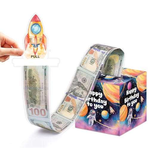 Outer Space Birthday Money Box for Cash Pull, Happy Birthday Boxes Gifts for Money Pull Out Card, 50Pcs Transparent Bags - color: Pink
