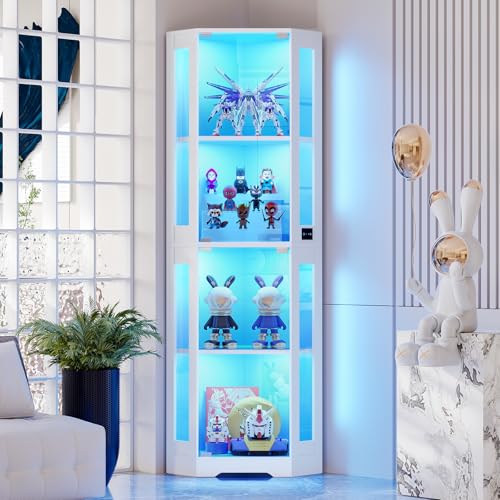 BROTTAR 65" Corner Glass Display Cabinet with LED Lights, 4-Tier Showcase Display Case with Glass Doors & Human Body Sensor, Curio Cabinet for Collectibles, Liquor, Living Room Bookcase, White - color: White