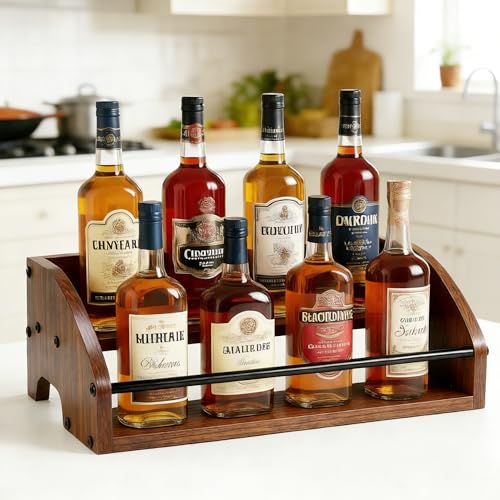Rustic Wooden Countertop Organizer | Liquor Cabinet, Coffee Syrup Rack, Mini Bar, Home Retro Bar Shelf Stand, 2-Tier - color: 2-Tier Brown