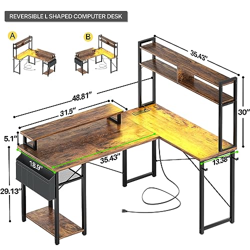 Aheaplus Small L Shaped Gaming Desk with LED Lights & Power Outlets, Reversible L-Shaped Computer Desk with Monitor Stand & Storage Shelf, Corner Desks Home Office Desk with Storage Bag, Rustic Brown - color: Rustic Brown