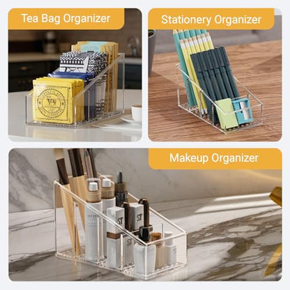 Clear TV Remote Control Holder, PET Remote Caddy with 4 Compartments, Mini Desktop Organizer for Remotes, Pens, Office Desk and Bedside