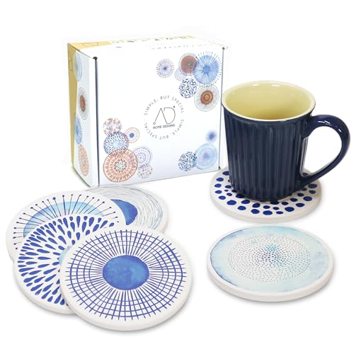 AD Set of 6 Coasters for Drinks Absorbing Round Ceramic Stone Coaster with Cork Base,Tabletop Protection Mat for Mugs and Cups,Office,Kitchen (Blue Watercolor Series) - color: Blue Watercolor Series