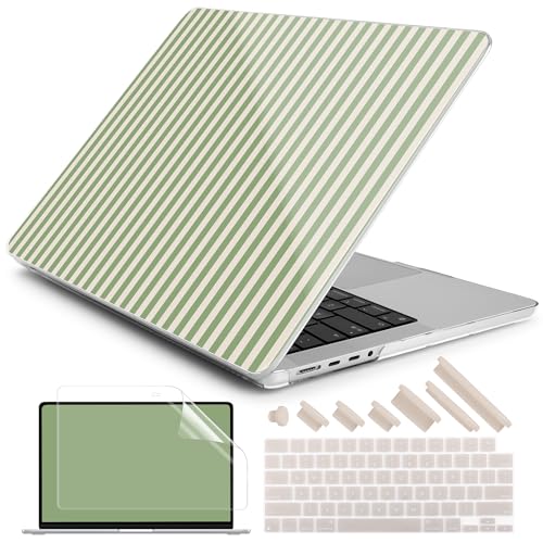 DONGKE Case for MacBook Pro 14 Inch (2026-2021 Release, M5 M4 M3 M2 M1 Pro/Max Chip), Plastic Slim Hard Shell Protective Cover with Keyboard Cover & Screen Protector, Green Stripes - color: Green Stripes