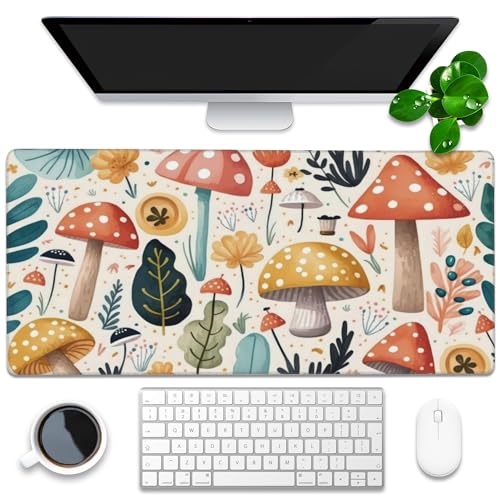 Desk Pad, Hand Drawn Charming Mushroom and Leaves Extended Gaming Mouse Pad Large, 35.4"x15.7" Big Mouse Pad with Non-Slip Base and Stitched Edge, Long Computer Keyboard Mouse Mat for Home Office Work - color: Mushrooms And Leaves, size: 35.4"x15.7"