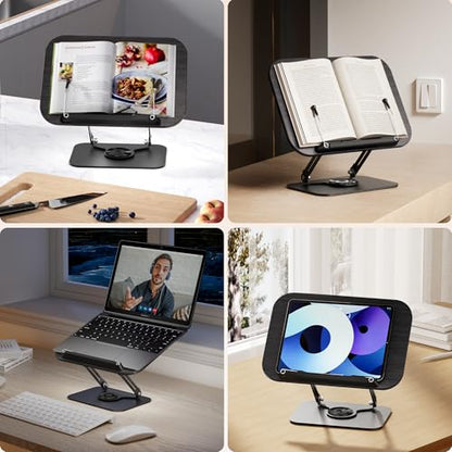 SupeDesk Book Stand for Reading, Adjustable Book Holder with 360° Rotating Bases, Foldable Designs, and Elastic Clips, Multifunctional Display Stand for Recipe, Cookbooks, Magazines, Tablets, Laptops - color: Black Wood
