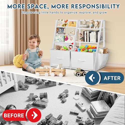 LOFTEY Kids Bookshelf and Toy Storage, Book Shelf for Kids Room, Toddler Montessori Bookshelf with 2 Drawers, Baby Book Shelf for Nursery, Toy Organizer, White