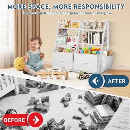 LOFTEY Kids Bookshelf and Toy Storage, Book Shelf for Kids Room, Toddler Montessori Bookshelf with 2 Drawers, Baby Book Shelf for Nursery, Toy Organizer, White