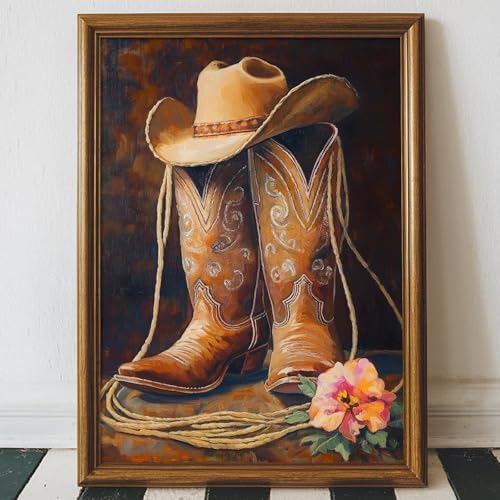 Western Cowboy Canvas Wall Art Vintage Country Artwork Hat Painting Cowboy Poster Boots Cowgirl Painting Western Farmhouse Pictures Vintage Southwest Prints Country Farmhouse Pictures 16x24in No Frame - color: D3Unframed