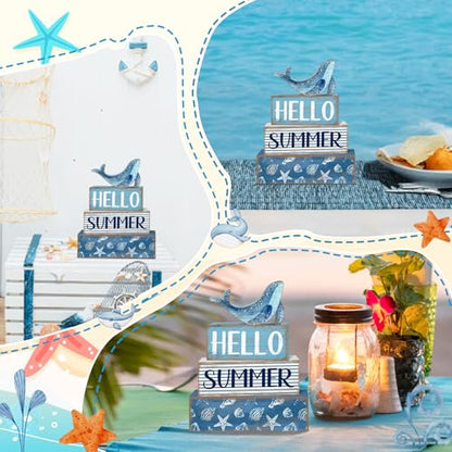 Britimes 4 Pcs Summer Wooden Tiered Tray Decor Set, Ocean Whale Table Decor Rustic Farmhouse Coastal Wood Coffee Table Centerpieces for Home Kitchen Office Decorations (Sea Style) - style: Sea