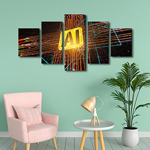 TUMOVO Wall Art for Bedroom Chip Details Canvas Painting Wall Art Artificial Intelligence Concept Prints Wall Art Artwork for Home Walls 5 Piece Wall Art Modern Wall Decor for Bedroom, 60"x32" - color: Artwork-04, size: 60''Wx32''H
