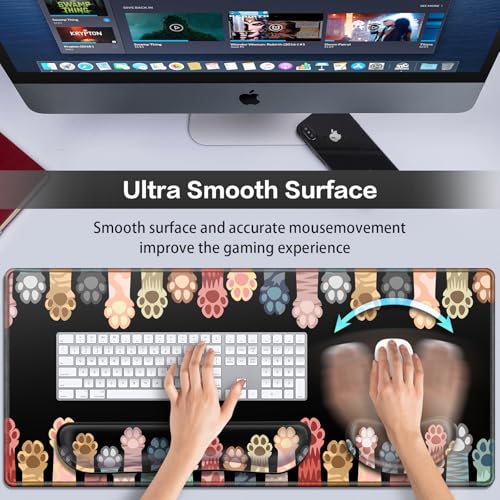 Desk Mat, Large Gaming Mouse Pad with Wrist Rest, 4in1 XXL Mousepad+Keyboard Wrist Rest+Mouse Pad Wrist Support+Cup Coaster Set Ergonomic Computer Desk Arm Wrist for Decor Home Office Table Women - color: Cat's Paw