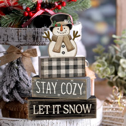 Yuntau 4 Pcs Winter Table Decorations Wooden Snowman Winter Tiered Tray Decor Rustic Block Signs Gift Farmhouse Christmas Centerpiece for Tables Party Kitchen Shelf Home - style: Let It Snow