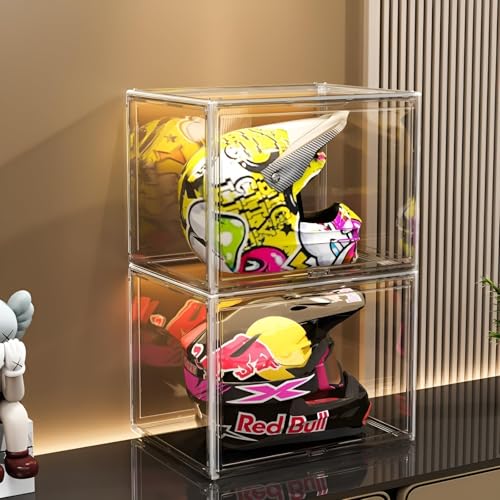 GUDEMAY Large Clear Stackable Plastic Storage Bins with Door, Dustproof Figures Collectibles Display Case, Football & Motorcycle Helmet Showcase, Basketball, Memorabilia Organizer Box (XL, Count, 1) - size: XL