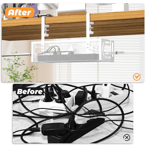 Under Desk Cable Management Tray, 15.7'' No Drill Steel Desk Cable Organizers, Wire Management Tray Cable Management Rack (1 Pack-White) - color: 1 Pack-15.7"-White