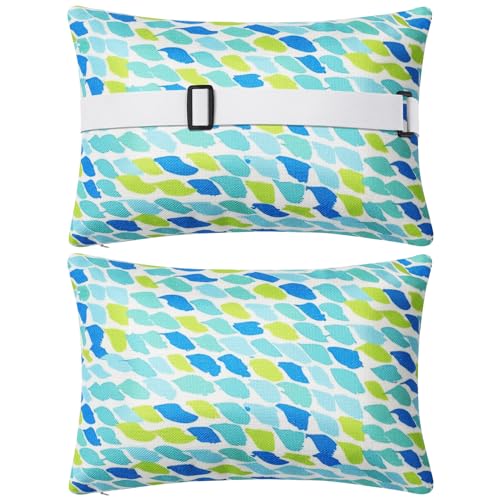 Juexica 2 Pack Chaise Lounge Pillow with Strap Outdoor Waterproof Beach Chair Neck Headrest Pillow Adjustable Elastic Band for Hammock Lumbar Recliner Pillows for Patio Pool Chair(Blue Green Pattern) - style: Blue Green Pattern