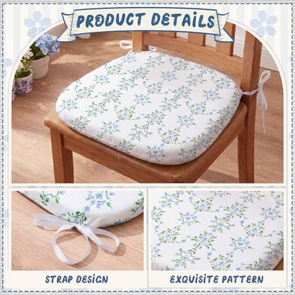 6 Pack Grandmillenial Chair Cushions for Dining Chairs 17" x 16" x 2" D-Shaped Breathable Blue and White Floral Linen Kitchen Chair Pads with Ties Washable Non Slip Seat Cushion - style: Floral