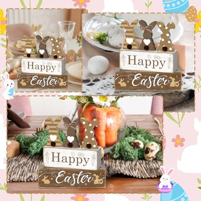 4 Pcs Easter Table Decor Happy Easter Neutral Bunny Tiered Tray Decorations Set Spring Cute Bunny Rabbit Rustic Farmhouse Wooden Stack Block Signs Party Tabletop Decor for Home Office Gift - style: Happy Easter