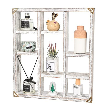 17.7x15.7-Inch Shadow Box Shelf 9-Slot Rustic Wood Floating Shelves Larger Shelf Lightweight Solid Wood Display(Set of 2,9C-Rustic White) - color: 9c-rustic White, size: 2 PCS