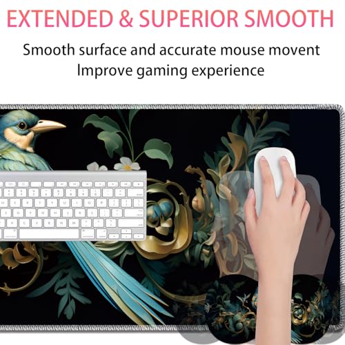 Large Gaming Mouse Pad + Mouse Wrist Rest Pad + Coaster Combination, 31.5 "x 11.8" Durable Non-Slip Extension Table Mat, Suitable for Office and Home, Bird Leaf - color: Bird Leaf