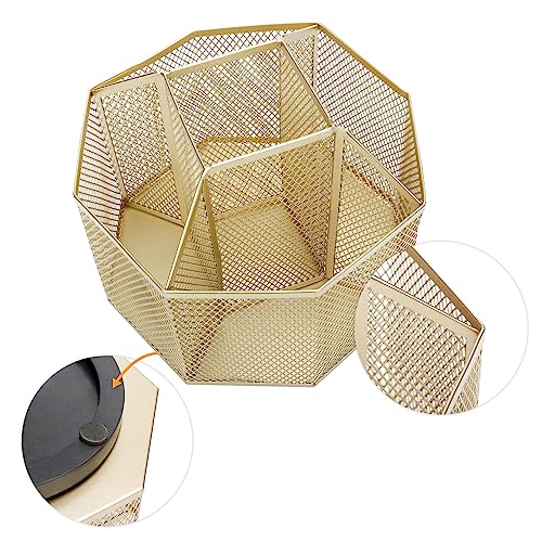 Annova Mesh Desk Organizer Rotate with 5 Compartments Spinning Tidy Candy/Pen Holder Office, Art Supply, Storage, Classroom, Home (Gold) - color: Gold