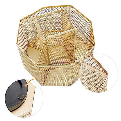 Annova Mesh Desk Organizer Rotate with 5 Compartments Spinning Tidy Candy/Pen Holder Office, Art Supply, Storage, Classroom, Home (Gold) - color: Gold