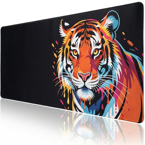 Jeffbaubl Tiger Gaming Mouse Pad, 35.4 x 15.7 Inch Large Extended Desk Mat, Gaming Mousepad, Keyboard Pad Stitched Edges Non-Slip Rubber Base, Waterproof Desk Mat for Office Computer Home Work