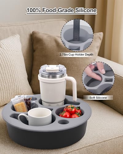 Couch Cup Holder Tray Round, Bonfixe 4-Cups Bedside Drink Holder for Elderly/Pregnancy, Stable Non-Spill Silicone Couch Caddy for Remote Control, Glasses‌, Snacks, Phones‌ (White-Black) - color: White-black