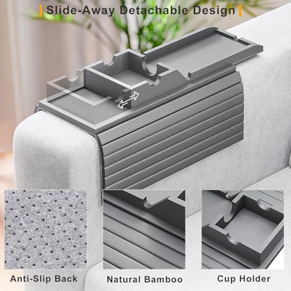 Bestjing Bamboo Couch Armrest Table, Sofa Arm Tray with Detachable Couch Cup Holder- 2 in 1 Anti-Slip Foldable Sofa Armchair Caddy Table for Drinks Cellphone TV Remote Snacks (Gray) - color: Gray, size: 16.3" x 13.3" x 2"