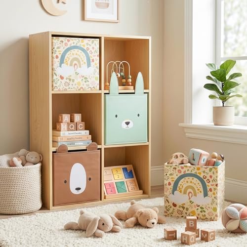 OOOK 4 Pack Foldable Fabric Storage Bins, 11.4" x 10.6" x 11.8" Cute Storage Box, Closet Organizers for Bedroom, Nursery, Shelves & Cube Storage Shelving Units (Bear, Rabbit, Rainbow Pattern)